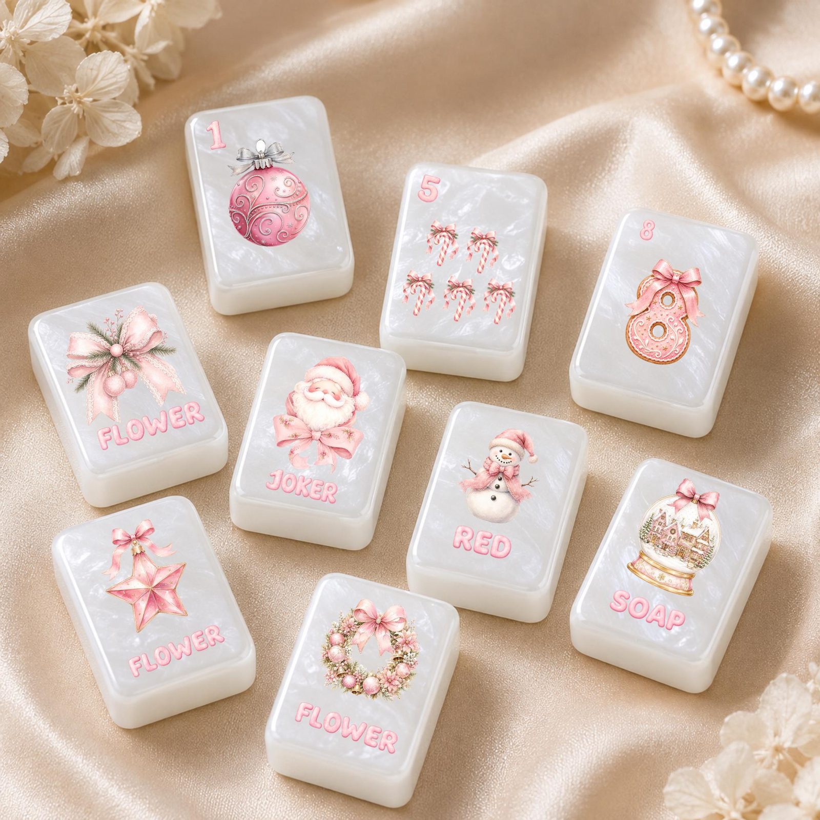 Pink Christmas American Mahjong Set on a holiday table