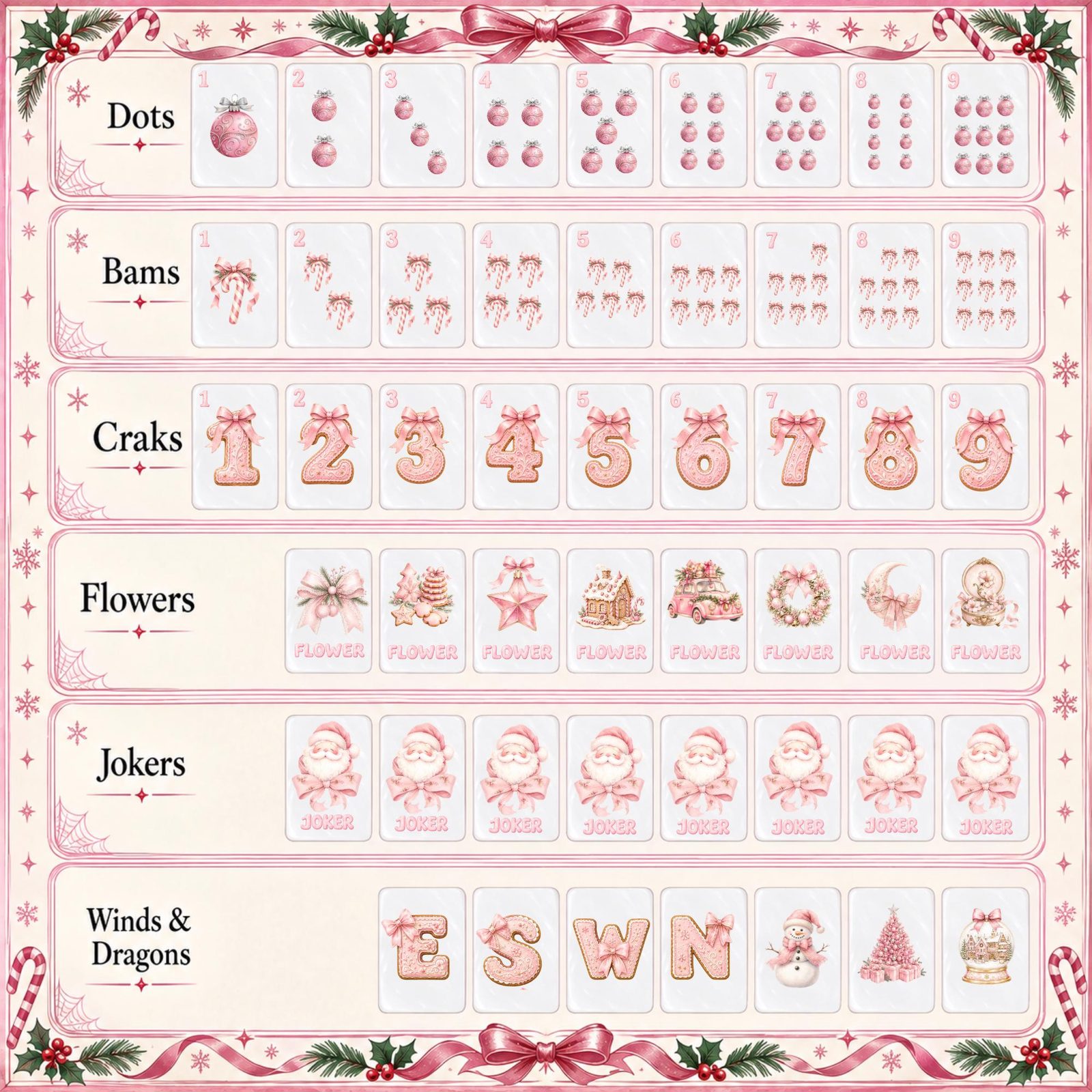 Complete 152 tile suit guide for the Pink Christmas American Mahjong Set
