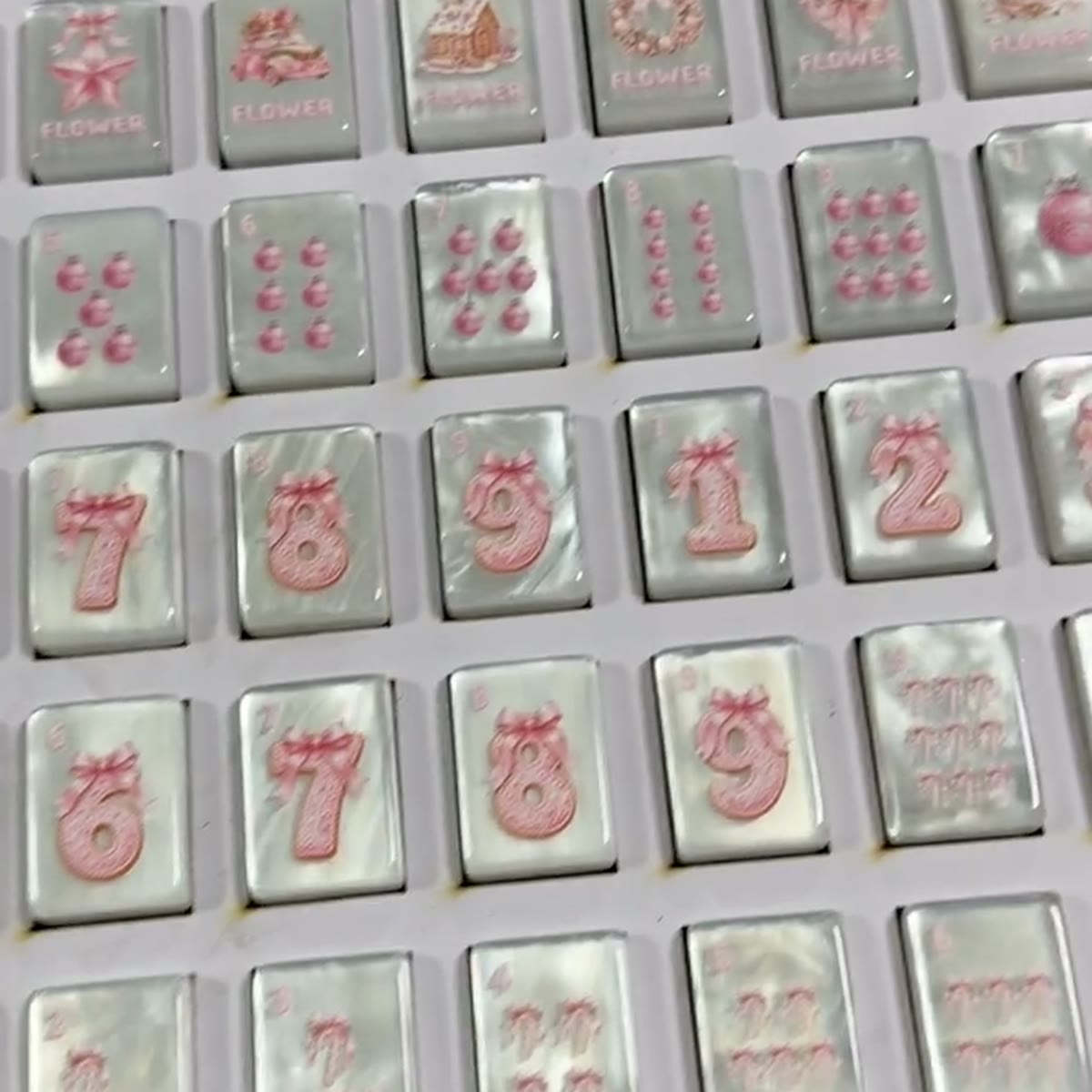 152 UV printed Pink Christmas Mahjong tiles on studio tray